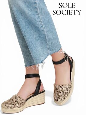 Sole Society Espadrille Wedge Sandals Cheetah Print Calf Hair Ankle Strap Sze 9